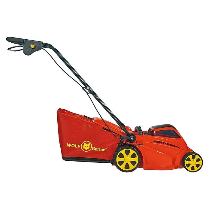 Wolf-Garten Akku-Rasenmäher Lycos 40/340 M - 40 V, 1 Akku, 5 Ah, Schnittbreite: 34 cm - Abbildung eines roten Wolf Garten Rasenmähers mit gelben Rädern und einem schwarzen Griff.