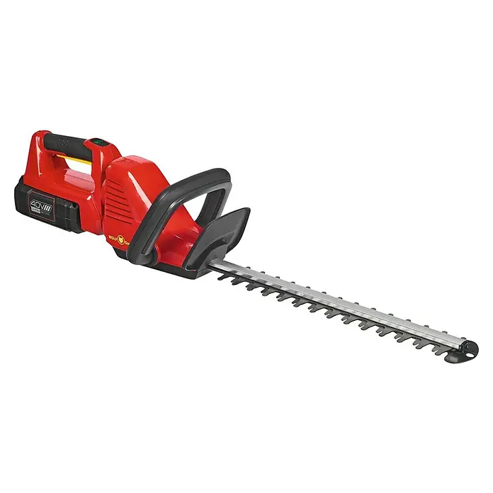 Wolf-Garten Akku-Heckenschere Lycos 40/500 H - 40 V, Li-Ionen, 1 Akku, Schnittlänge: 50 cm - Bild einer roten Wolf Garten Akku-Heckenschere, ideal für den Gartenschnitt, mit scharfen Klingen für präzise Ergebnisse.