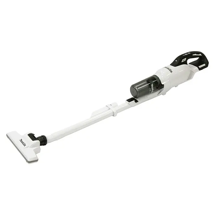 Makita LXT 18V Akku-Staubsauger mit Zykloneinheit DCL286FZW - 18 V, Ohne Akku, Behältervolumen: 0,25 l - Abbildung eines Makita CL115D Akku-Staubsaugers in Weiß. Er ist leicht, kabellos und für die schnelle Reinigung von Oberflächen konzipiert.