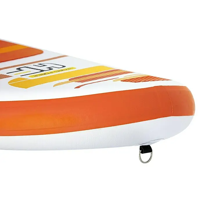 Bestway Hydro Force Juego de paddle surf Aqua Journey - L x An x Al: 274 x 76 x 12 cm, Carga útil: 100 kg, Hinchable, Naranja/Blanco - Primer plano de la proa de una tabla de paddle surf, destacando detalles naranja y anilla en D.