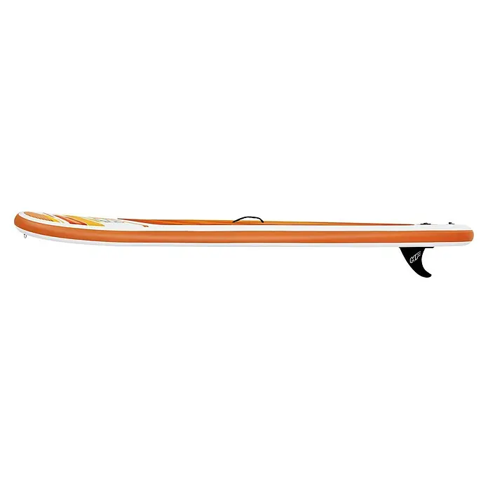 Bestway Hydro Force Juego de paddle surf Aqua Journey - L x An x Al: 274 x 76 x 12 cm, Carga útil: 100 kg, Hinchable, Naranja/Blanco - Foto de una tabla de paddle surf hinchable naranja con asa y aleta.