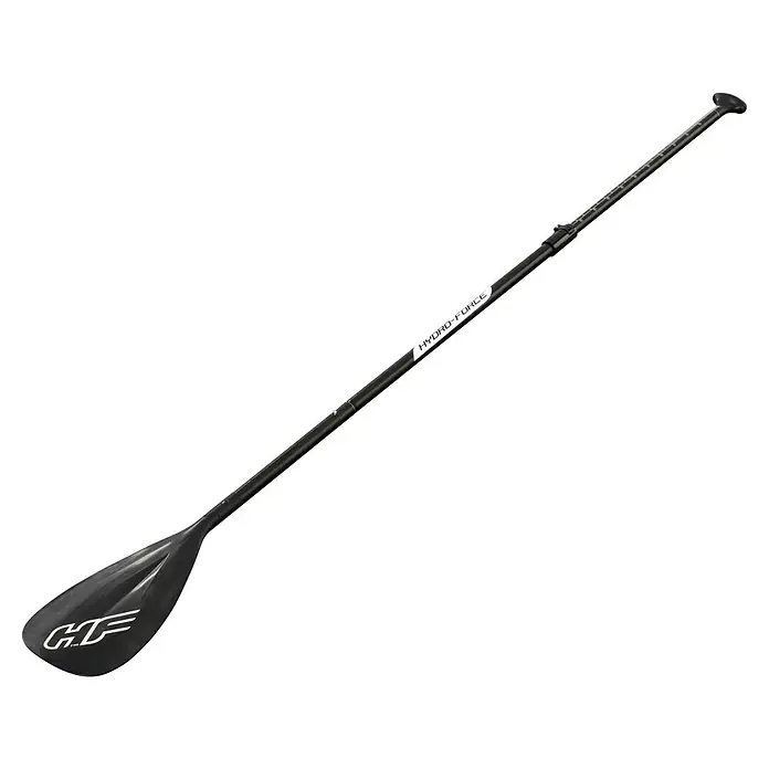 Bestway Hydro Force Juego de paddle surf Aqua Journey - L x An x Al: 274 x 76 x 12 cm, Carga útil: 100 kg, Hinchable, Naranja/Blanco - En la imagen se ve un remo de pádel surf Hydro-Force. El remo es negro y tiene un logotipo de Hydro-Force.