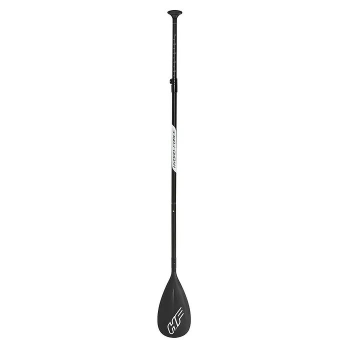 Bestway Hydro Force Juego de paddle surf Aqua Journey - L x An x Al: 274 x 76 x 12 cm, Carga útil: 100 kg, Hinchable, Naranja/Blanco - Pala Hydro-Force negra y gris con longitud ajustable y empuñadura ergonómica, diseñada para un remo cómodo en deportes acuáticos.