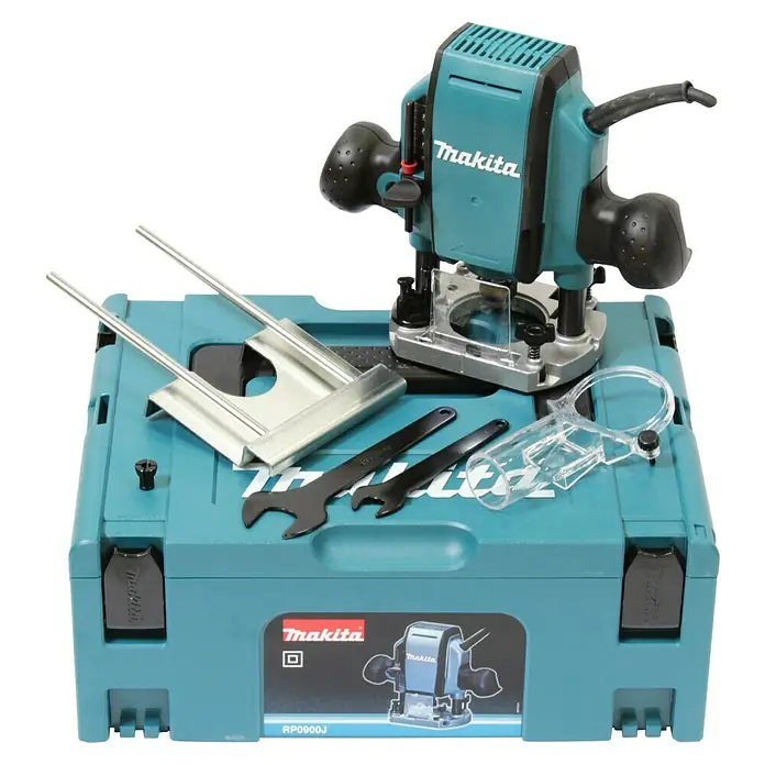 Makita Oberfräse RP0900J - 900 W, 0 U/min - 27.000 U/min, Frästiefe: 35 mm - Makita RP0900J Oberfräse im Koffer mit Zubehör für präzise Holzbearbeitung. Leistungsstark und vielseitig.