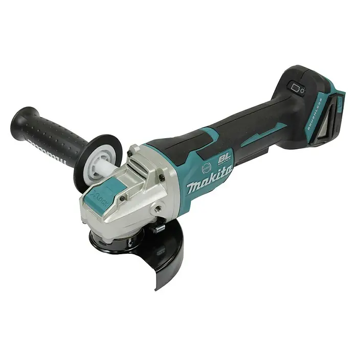 Makita LXT 18V Akku-Winkelschleifer DGA520ZX1 - 18 V, Ohne Akku, Durchmesser Scheibe: 125 mm - Akkubetriebener Makita Winkelschleifer mit Zusatzhandgriff, für präzise Schleifarbeiten. Das Gerät ist in Silber, Schwarz und Türkis gehalten.