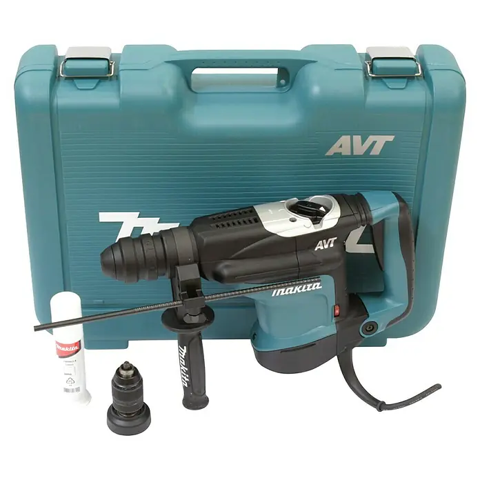 Makita Martillo combinado HR3210FCT - 850 W, 4,9 J, Alojamiento SDS-Plus - Disparo del martillo demoledor Makita AVT en su robusta caja de herramientas, completo con accesorios.