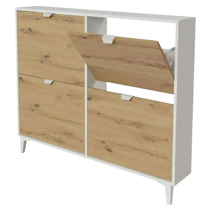 Meka Block Zapatero K-642 - L x An x Al: 20 x 117 x 97,5 cm, Roble Albar/Blanco Soft, Número de compartimentos: 4 ud. - Zapatero con compartimentos abatibles con aspecto de madera y estructura blanca. Almacenamiento práctico para zapatos con un diseño moderno.