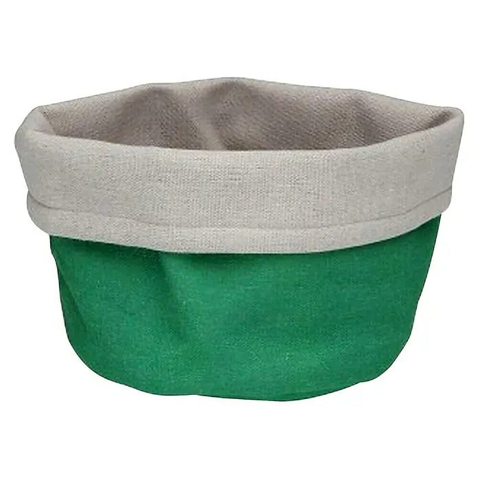 Versa Cesta de tela - L x An x Al: 17 x 14 x 10 cm, Verde - Una canasta de tela verde con un borde de lino color natural. La canasta está vacía y lista para guardar cosas.