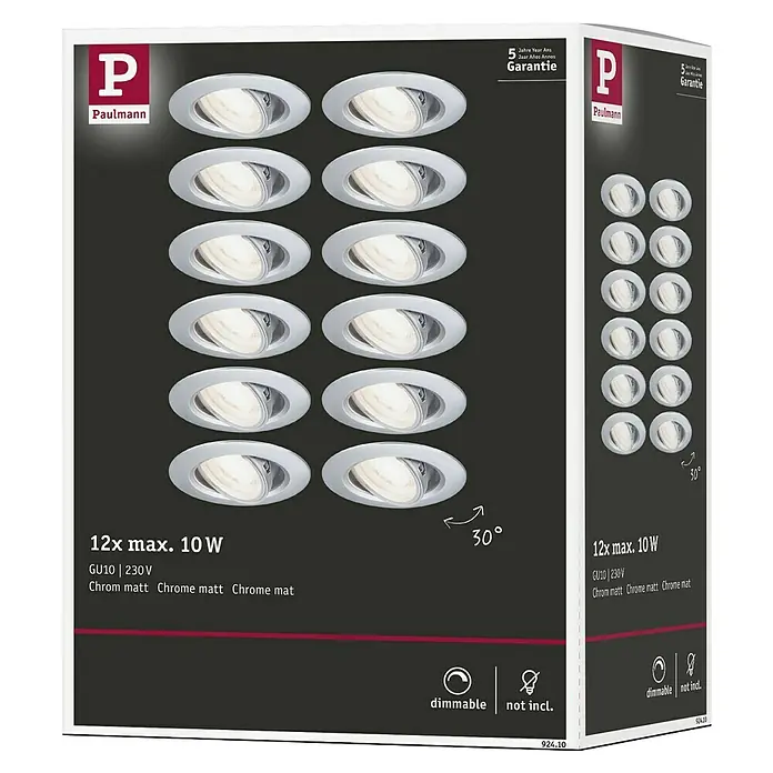 Paulmann Einbauleuchte - 10 W, 9 cm, Chrom, 12 Stk., Schwenkbar - Produktverpackung: Paulmann Einbaustrahler-Set, 12 Stück, maximal 10W, Chrom matt, inklusive Garantiehinweis und technischen Daten.