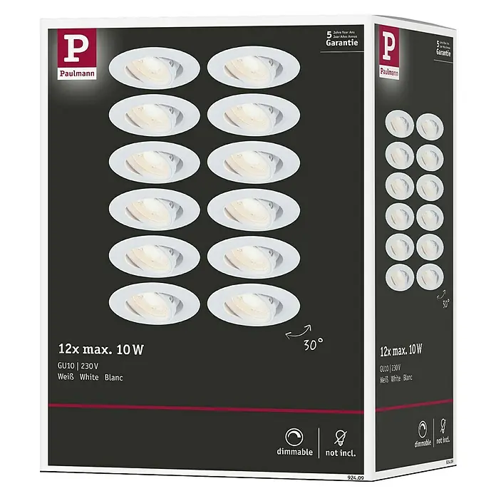 Paulmann Einbauleuchte - 10 W, 9 cm, Weiß, 12 Stk., Schwenkbar - Bild zeigt eine Packung Paulmann Einbaustrahler, 12 Stück, maximal 10W, GU10 Fassung, in Weiß. Dimmbar, Leuchtmittel nicht enthalten.