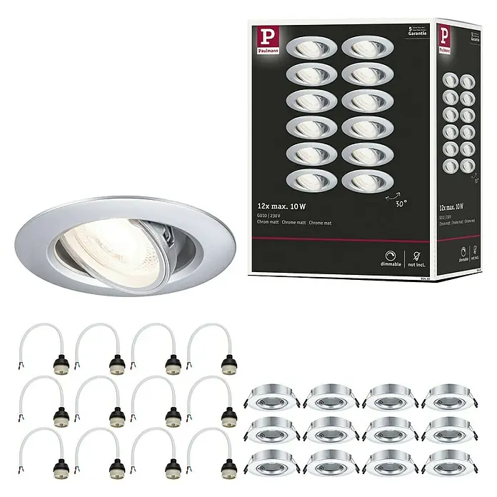 Paulmann Einbauleuchte - 10 W, 9 cm, Chrom, 12 Stk., Schwenkbar - Abbildung einer Paulmann-Einbaustrahler-Packung mit 12 Stück, chrom matt, GU10, 230V, max. 10W, inklusive Zubehör für die Installation.