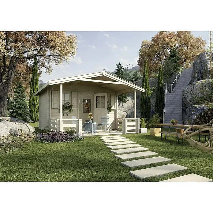 Weka Gartenhaus Weekendhaus 138 B - Außenmaß inkl. Dachüberstand (B x T): 450 x 510 cm, Holz, Natur, 19 m² - Eine charmante, kleine Gartenlaube mit überdachter Veranda und einem einladenden Weg, der durch den gepflegten Garten führt.