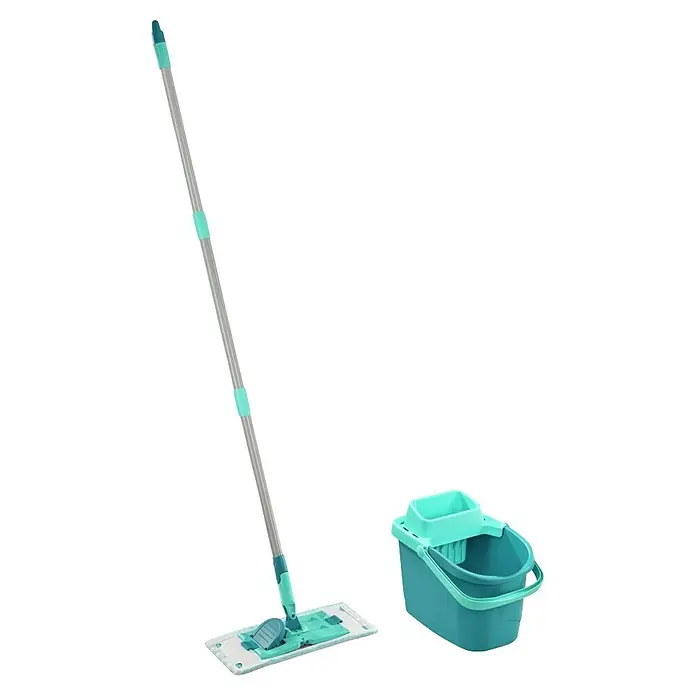 Leifheit Bodenwisch-Set Power Clean - 3 -tlg. - Abbildung eines türkisfarbenen Leifheit Wischmop-Sets mit Eimer für die Bodenreinigung im Haushalt.
