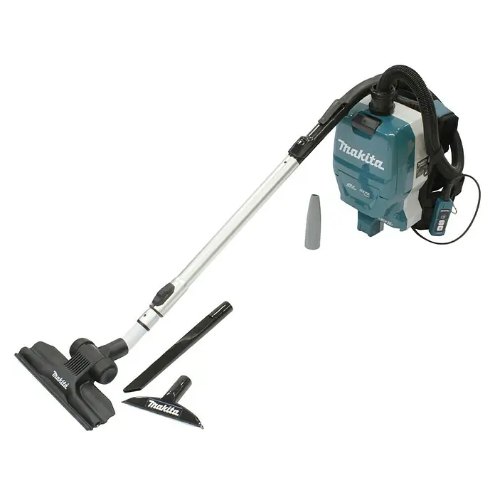 Makita LXT 18V Akku-Rucksackstaubsauger DVC261ZX15 - 36 V, Ohne Akku, Behältervolumen: 2 l - Das Bild zeigt einen Makita Akku-Rucksackstaubsauger mit verschiedenen Aufsätzen, ideal für den mobilen Einsatz auf Baustellen.
