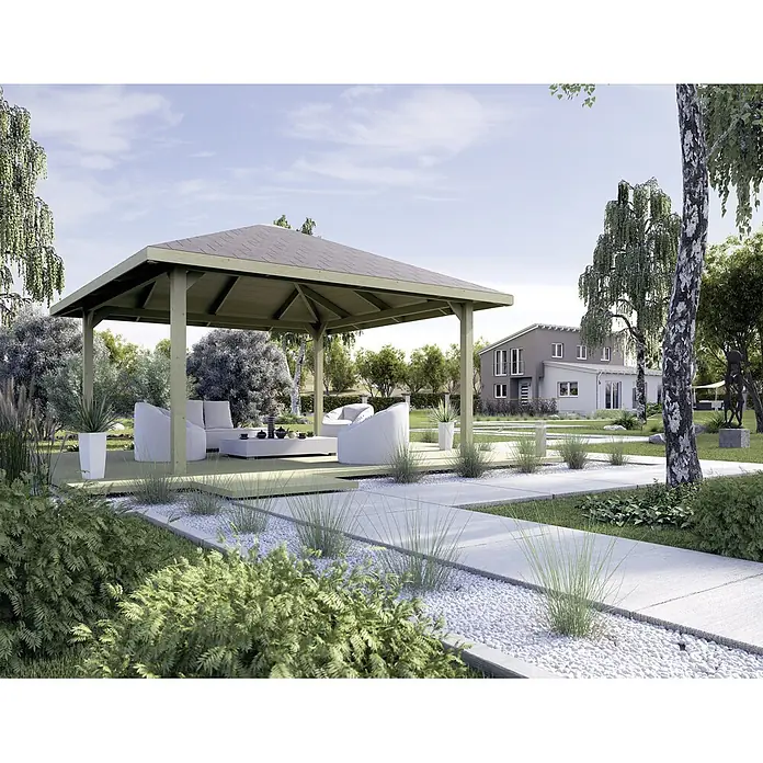 Weka Pavillon Gartenoase 651 A - L x B: 433 x 433 cm - Gartengestaltung mit einem eleganten Pavillon, der zum Entspannen im Freien einlädt. Die Struktur bietet Schutz und stilvolle Ästhetik.