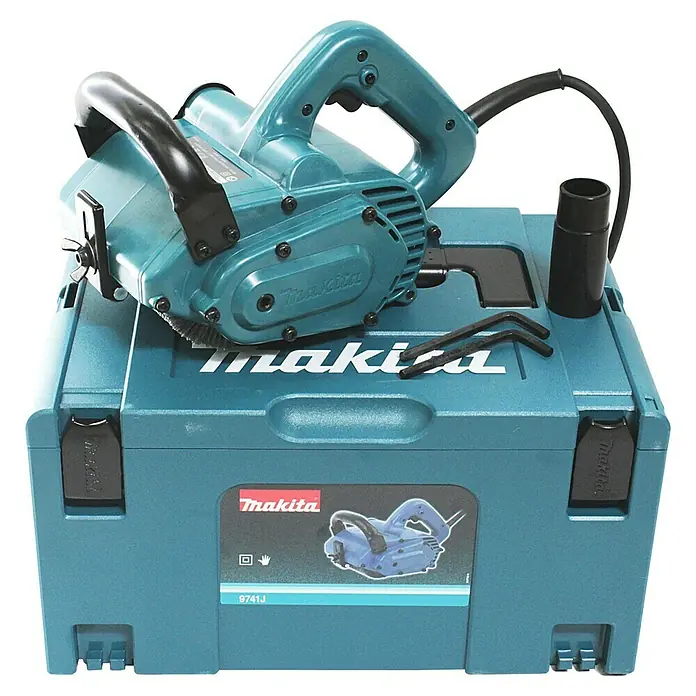 Makita Renovierungsschleifer 9741J - Leerlaufdrehzahl: 3.500 U/min, 860 W - Der Makita 9741J Bürstenschleifer mit dazugehörigem Zubehör und robustem Transportkoffer für den sicheren Transport und die Aufbewahrung.