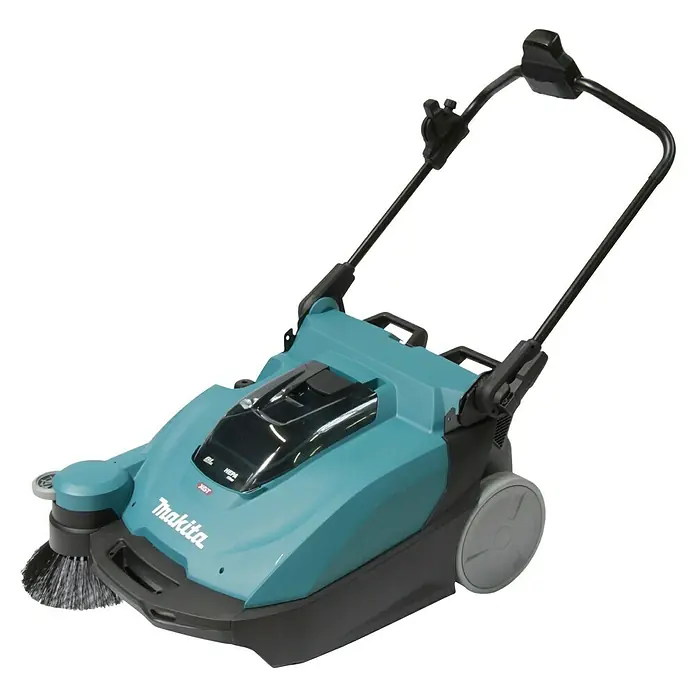 Makita XGT 40V max. Akku-Handkehrmaschine VS001GZ - 40 V, Arbeitsbreite: 650 mm, 24 l - Das Bild zeigt eine akkubetriebene Kehrmaschine von Makita in einem hellen Türkiston. Die Maschine hat einen Griff und Räder für einfache Bedienung.