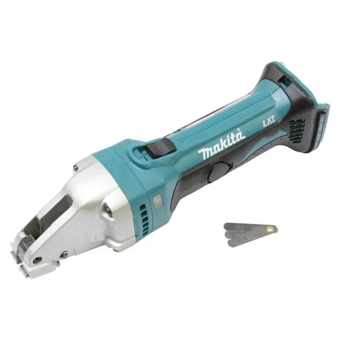 Makita LXT 18V Akku-Blechschere DJS161Z - 18 V, Ohne Akku, Leerlaufhubzahl: 4.300 /min - Makita Akku-Blechschere mit blau-schwarzem Gehäuse und einer Fühlerlehre.