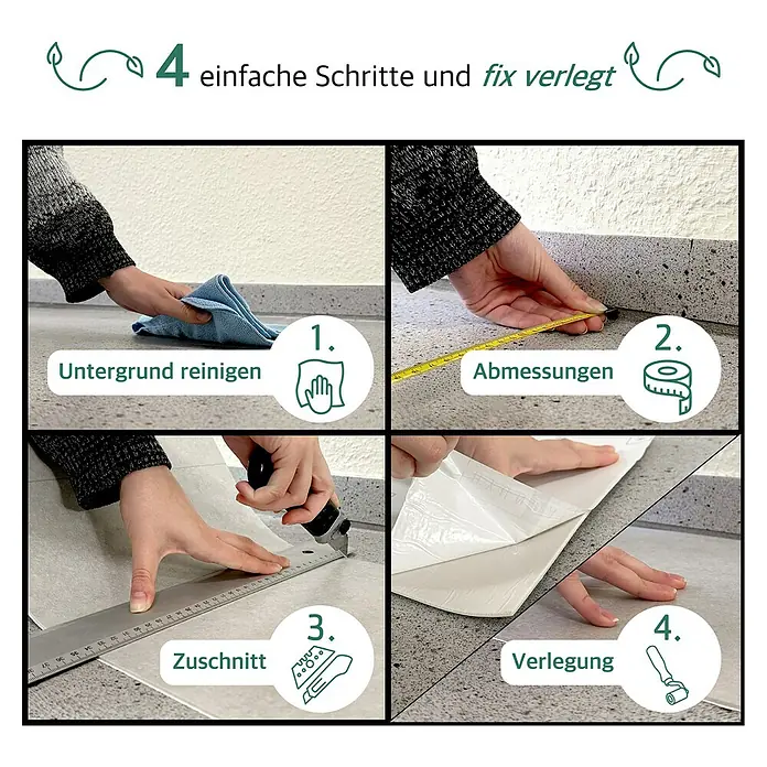 Hyundai L & C PVC-Bodenbelag Fix Verlegt - Selbstklebend, 31 cm x 10,7 m, Sandstein - Anleitung in vier Schritten zum Verlegen von selbstklebenden Bodenfliesen: Reinigen, Abmessen, Zuschneiden und Verlegen.