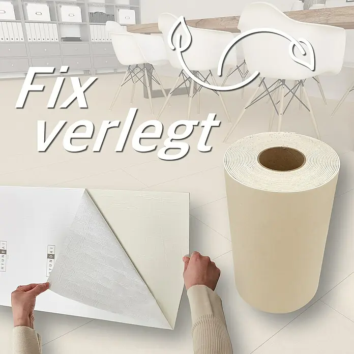 Hyundai L & C PVC-Bodenbelag Fix Verlegt - Selbstklebend, 31 cm x 10,7 m, Sandstein - Bild einer Rolle selbstklebender, wiederverwertbarer Bodenbelag von HYUNDAI. Ideal für schnelle und einfache Renovierungen.