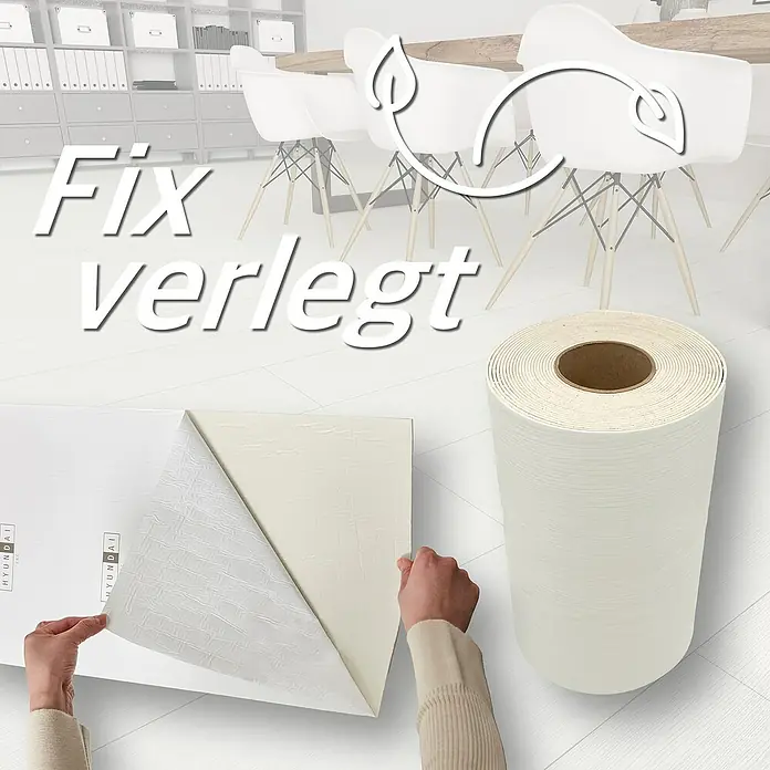 Hyundai L & C PVC-Bodenbelag Fix Verlegt - Selbstklebend, 31 cm x 10,7 m, Kiefer Weiß - Ein Bild von einer Rolle selbstklebender Unterlage mit dem Text "Fix verlegt", ideal zum einfachen Verlegen von Bodenbelägen.