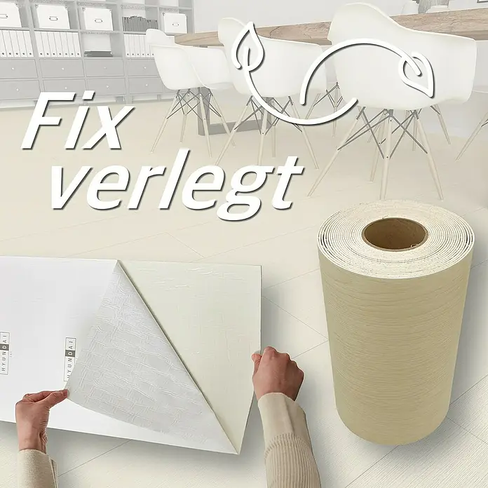 Hyundai L & C Vinylboden Fix Verlegt - Selbstklebend, 31 cm x 10,7 m, Ahorn - Ein Rollenbild von HYUNDAI Bodenbelag, das die einfache Installation zeigt. Ideal für schnelle und nachhaltige Bodenrenovierungen.