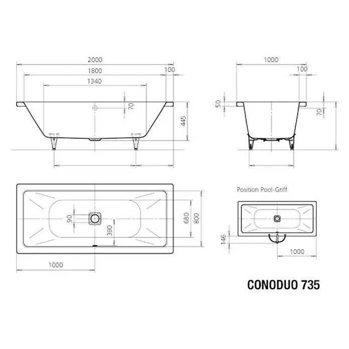 Kaldewei Badewanne Conoduo - 200 x 100 cm, Stahl-Email, Weiß - Technische Zeichnung des CONODUO 735 Badewannenmodells mit Maßen und Ansichten für die Planung.