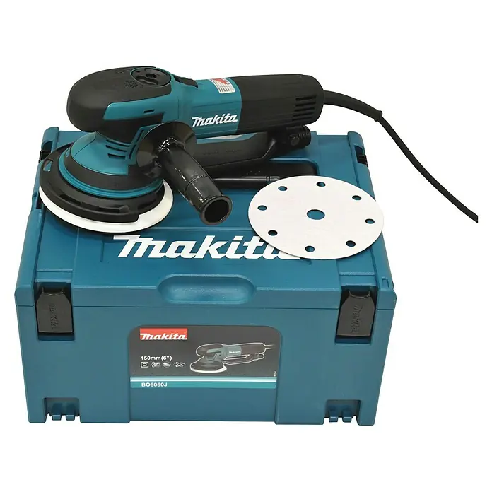 Makita Elektro-Exzenterschleifer BO6050J - 750 W, Durchmesser Schleifteller: 150 mm - Makita Exzenterschleifer BO6050J im Koffer mit Zubehör. Leistungsstark und vielseitig für professionelle Schleifarbeiten.