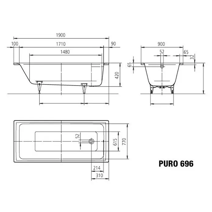 Kaldewei Badewanne Puro Star 696 - 190 x 90 cm, Stahl-Email, Alpinweiß - Technische Zeichnung der Badewanne PURO 696 mit Maßen und Ansichten für die Badplanung.