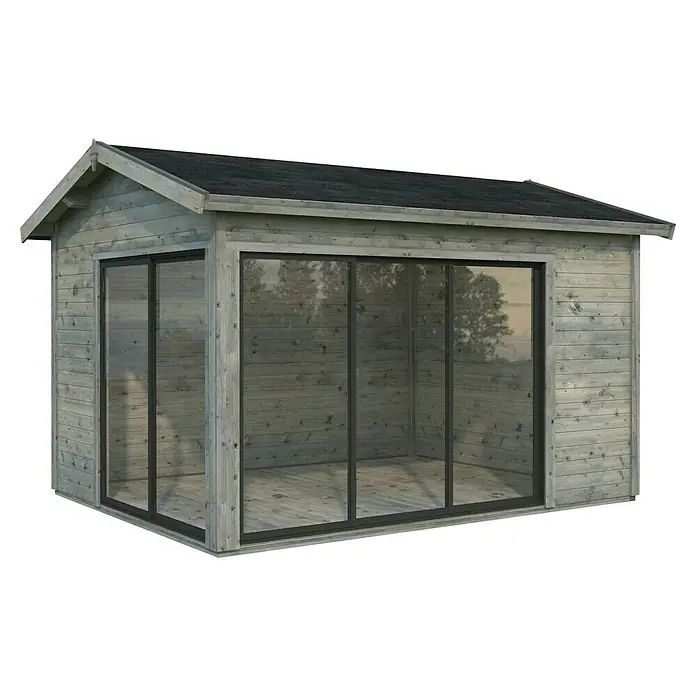 Palmako Gartenhaus Amanda Slide - Außenmaß inkl. Dachüberstand (B x T): 434 x 340 cm, Tauchgrundiertes Holz, Grau - Abbildung eines modernen Gartenhauses mit großen Glasschiebetüren und einem Satteldach. Das Holz ist grau lasiert.