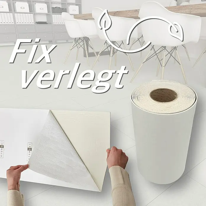 Hyundai L & C PVC-Bodenbelag Fix Verlegt - Selbstklebend, 31 cm x 10,7 m, Dolomit - Das Bild zeigt eine Rolle Fix Unterlagsmatte, die zur einfachen Verlegung von Bodenbelägen dient und für eine nachhaltige Lösung steht.