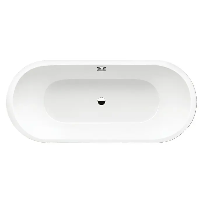 Kaldewei Badewanne Classic Duo Oval 111 - 180 x 80 cm, Stahl-Email, Alpinweiß - Draufsicht auf eine freistehende, ovale Badewanne in Weiß mit einem mittigen Abfluss. Die Armatur befindet sich am Kopfende der Wanne.