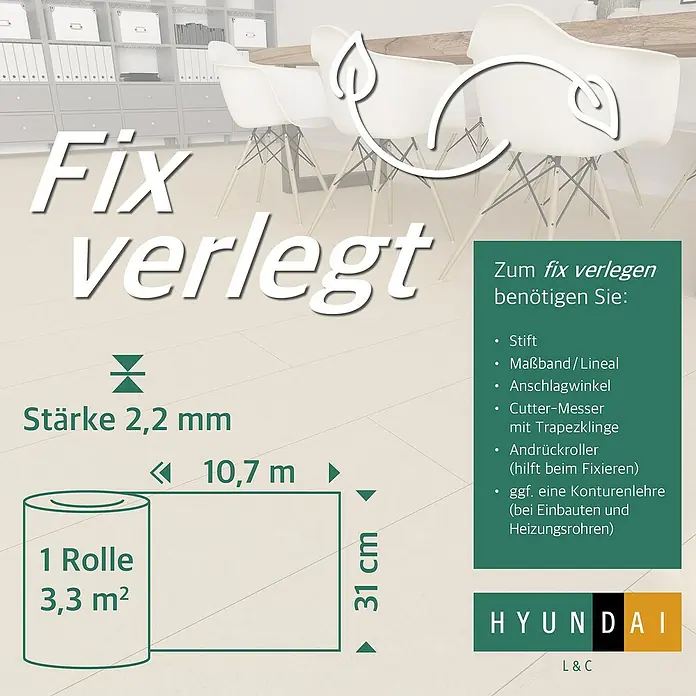 Hyundai L & C PVC-Bodenbelag Fix Verlegt - Selbstklebend, 31 cm x 10,7 m, Sandstein - Bild einer Fix Verlegt Bodenbelag Rolle mit Produktinformationen wie Stärke, Maße und benötigtes Werkzeug.
