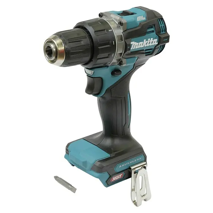 Makita XGT 40V max. Akku-Bohrschrauber DF002GZ - 40 V, Ohne Akku, 64 Nm - Abbildung eines Makita Akku-Bohrschraubers. Der Akku-Bohrschrauber ist in den Farben Schwarz und Türkis gehalten und verfügt über einen silbernen Bohrkopf.