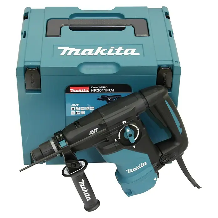 Makita Kombihammer HR3011FCJ - 1.050 W, 3,9 J, SDS-Plus-Aufnahme - Makita HR3011FCJ Bohrhammer mit AVT und Zubehör im dazugehörigen Werkzeugkoffer, ideal für professionelle Handwerker.