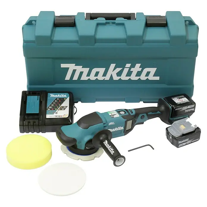 Makita LXT 18V Akku-Exzenterpolierer DPO600TKX1 - 2 Akkus, 5 Ah - Makita Akku-Poliermaschine mit Zubehör in einem türkisfarbenen Werkzeugkasten. Inklusive Akkus, Ladegerät und Polierscheiben für vielseitige Anwendungen.