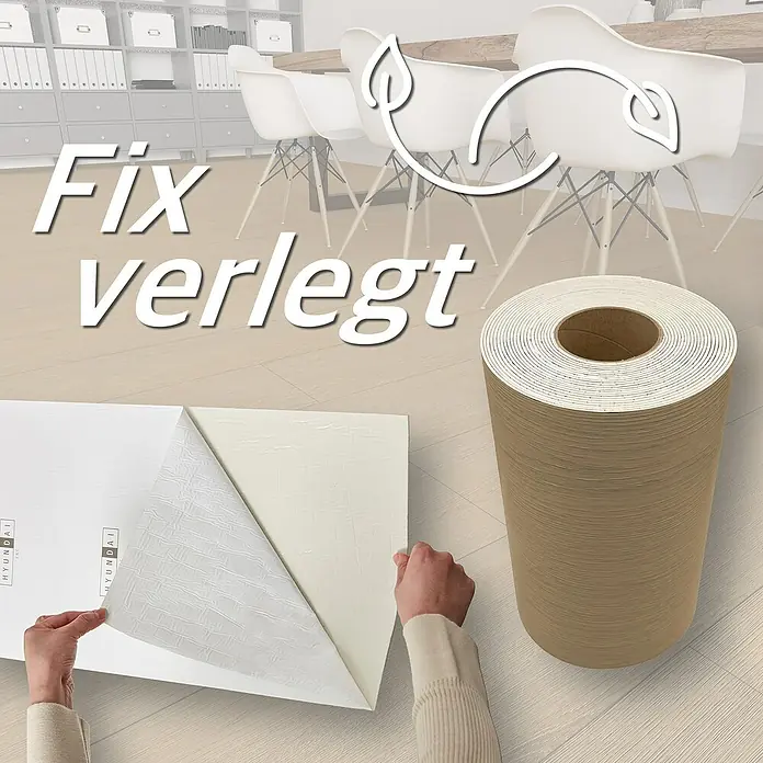Hyundai L & C PVC-Bodenbelag Fix Verlegt - Selbstklebend, 31 cm x 10,7 m, Eiche - Die Bild zeigt eine Rolle selbstklebenden Bodenbelags, der einfach zu verlegen ist und eine schnelle Renovierung ermöglicht.