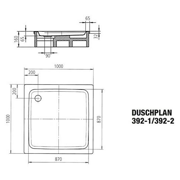 Kaldewei Duschwanne Duschplan 392-1L x B: 100 x 100 cm, Stahl, Weiß Sketch