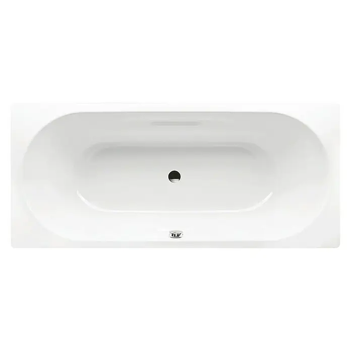 Kaldewei Badewanne Vaio Duo 950 - 180 x 80 cm, Stahl-Email, Alpinweiß - Eine rechteckige Badewanne in Weiß, fotografiert von oben. Die Form ist abgerundet und in der Mitte befindet sich ein Abfluss.