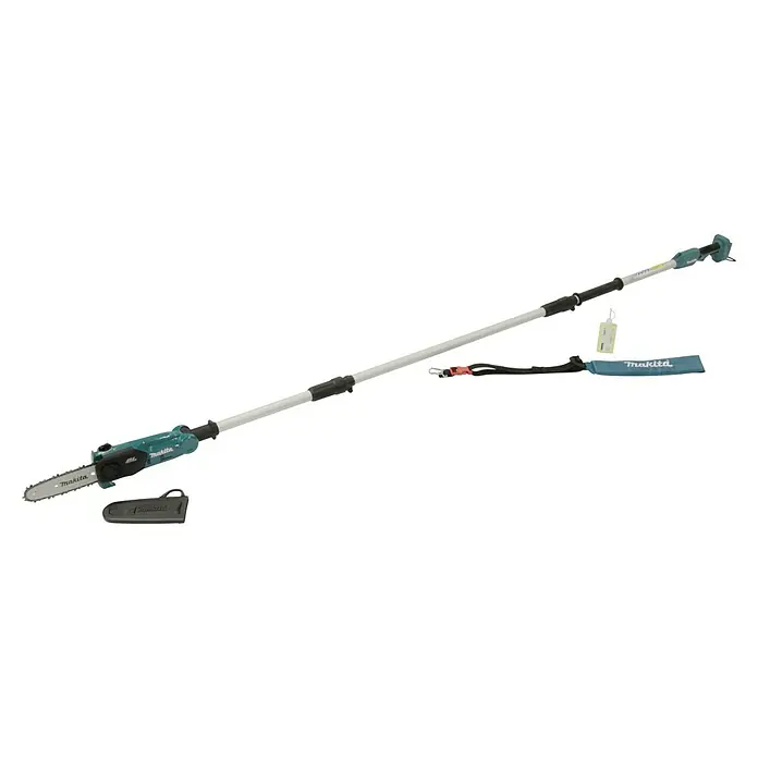 Makita LXT 18V Akku-Hochentaster DUA200 - 18 V, Ohne Akku, Schwertlänge: 200 mm, Länge Stiel: 1,62 m - 2,52 m - Das Bild zeigt eine akkubetriebene Makita Hochentaster, ein Werkzeug zum Beschneiden von Ästen in großer Höhe.