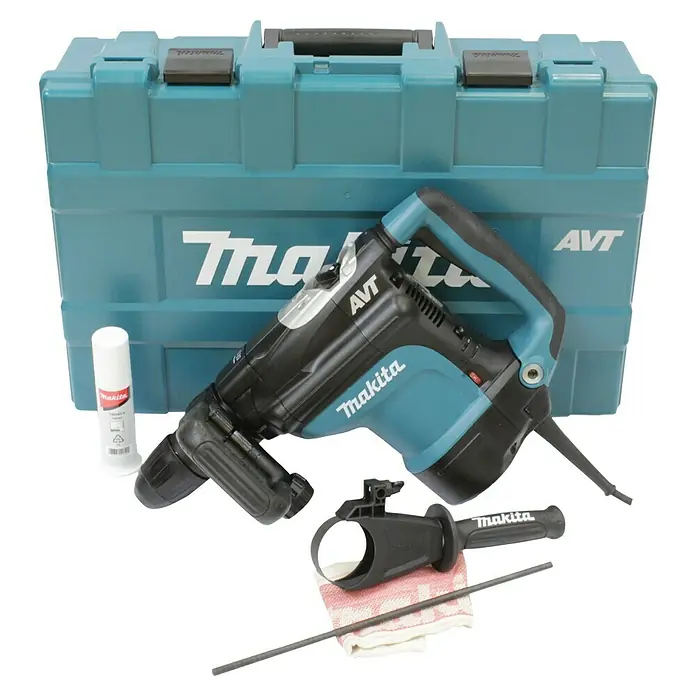 Makita Kombihammer HR4511C - 1.350 W, 9,4 J, SDS-Max-Aufnahme - Das Bild zeigt einen Makita AVT Abbruchhammer mit Zubehör und Werkzeugkoffer. Das Werkzeug ist in den Farben Schwarz und Türkis gehalten.