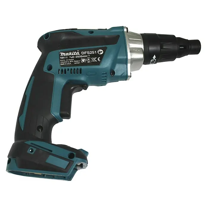 Makita LXT 18V Atornillador para placas de yeso de batería DFS250 - 18 V, Sin batería - Primer plano del atornillador para paneles de yeso Makita DFS251, una herramienta potente para trabajos de construcción eficientes.