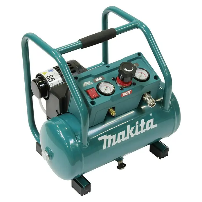 Makita XGT 40V max. Compresor de batería AC001GZ - 40 V, Sin batería, 9,3 bar - Un primer plano de un compresor de aire turquesa Makita XGT con asa de transporte y pies negros.