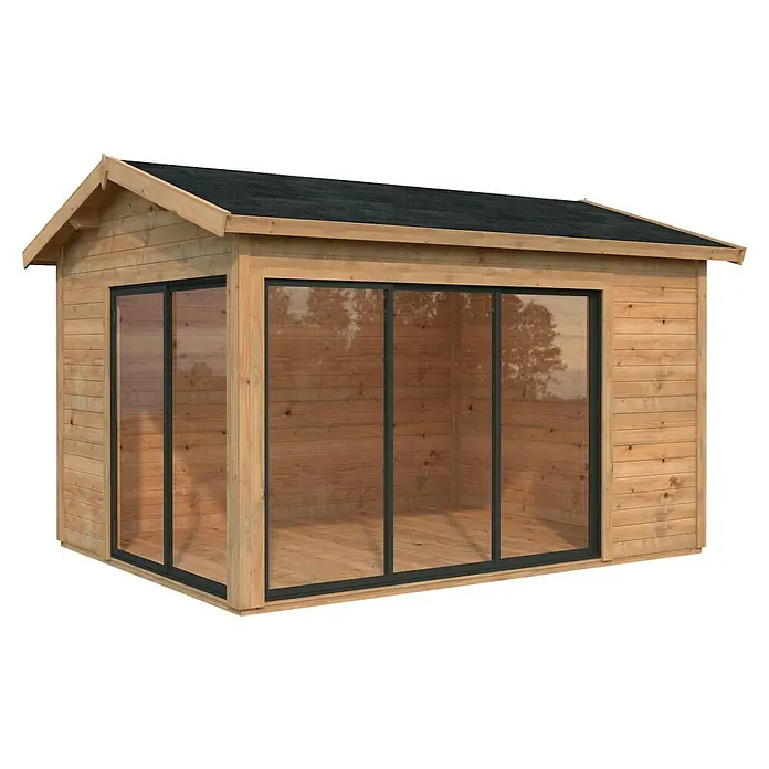 Palmako Gartenhaus Amanda Slide Plus - Außenmaß inkl. Dachüberstand (B x T): 434 x 340 cm, Tauchgrundiertes Holz, Hellbraun - Das Bild zeigt einen modernen Holzgartenpavillon mit schwarzen Rahmen und einer Giebelkonstruktion, ideal für den Außenbereich.