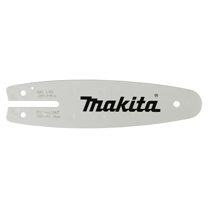 Makita Ersatz-Schwert 80 XTL - Passend für: Makita Akku-Hochentaster DUA200, Schwertlänge: 15 cm - Nahaufnahme eines hellen Makita-Kettensägenschwertes mit schwarzer Beschriftung, das ein professionelles Werkzeug für Holzbearbeitungsaufgaben darstellt.