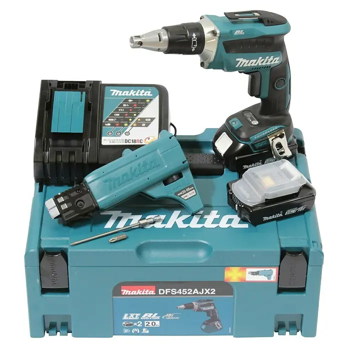 Makita LXT 18V Akkuschrauber DFS452AJX2 - 18 V, 2 Akkus, 2 Ah - Makita DFS452AJX2 Akku-Trockenbauschrauber-Set mit Zubehör, inklusive Ladegerät und zwei Akkus, ideal für professionelle Trockenbauarbeiten.