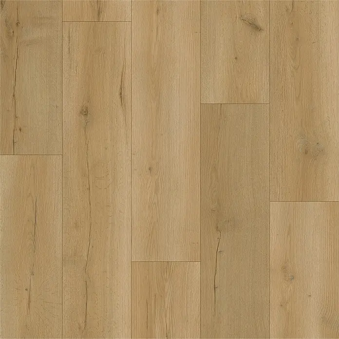 b!design Vinylboden SPC Eiche Fortuna - 1.220 x 181 x 4,3 mm, Landhausdiele - Nahaufnahme von hellbraunem Laminatboden mit Holzmaserung und sichtbaren Fugen. Das Laminat sorgt für eine warme und natürliche Optik.