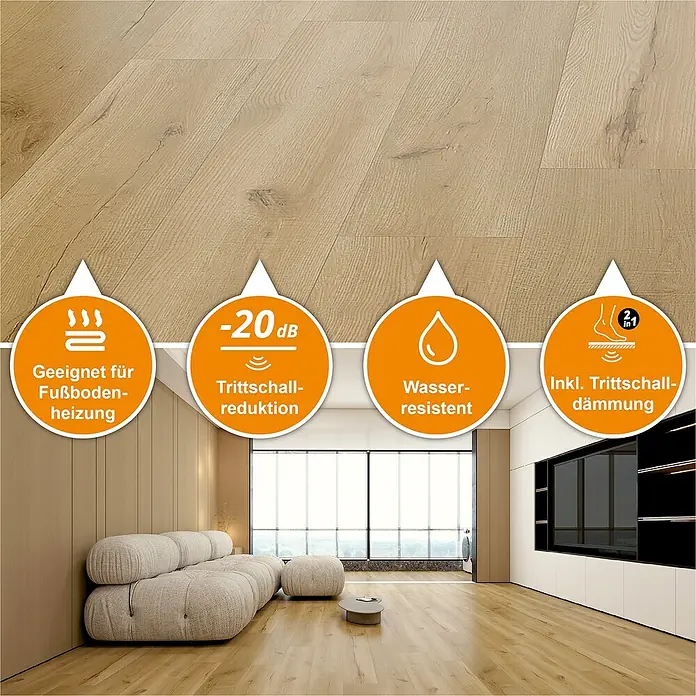 b!design Vinylboden SPC Eiche Fortuna - 1.220 x 181 x 4,3 mm, Landhausdiele - Bild mit Produktinformationen. Geeignet für Fußbodenheizung, Trittschallreduktion, wasserabweisend und inklusive Trittschalldämmung.