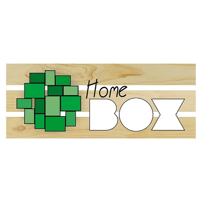 Astigarraga Home Box Holzkiste - L x B x H: 28 x 51,2 x 38,4 cm, Natur - Produktbild einer Holzkiste mit grünem Würfelmuster und dem Wort "Home BOX" für stilvolle Aufbewahrung.