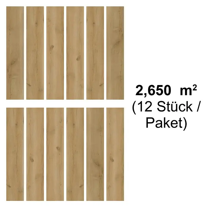 b!design Vinylboden SPC Eiche Fortuna - 1.220 x 181 x 4,3 mm, Landhausdiele - Abbildung von Laminatdielen, die 2,650 m² (12 Stück/Paket) abdecken, ideal für Bodenbeläge.